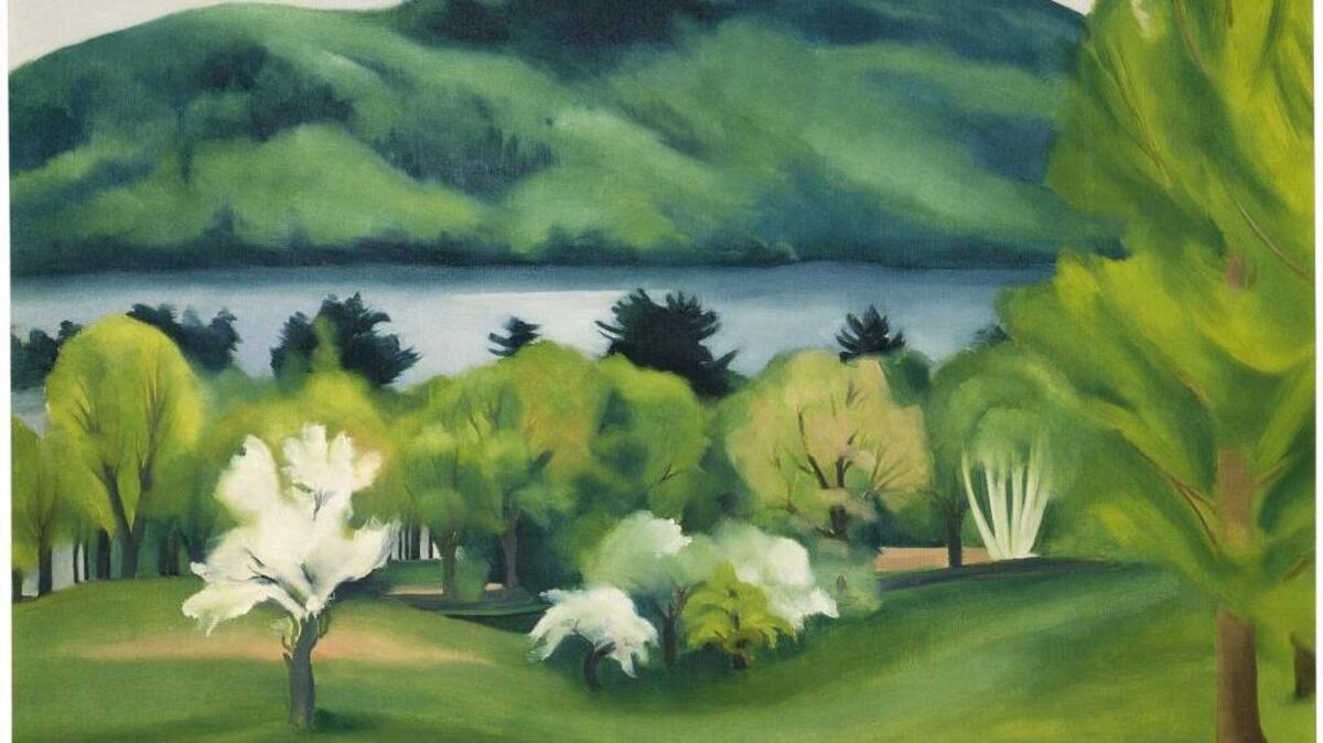 “Lake George by Early Moonrise” (1930) by Georgia O’Keeffe (24 x 36 inches). “I have painted — green — green today. That landscape out my window. I always paint it — but I have to try it again — it’s so lovely now,” O’Keeffe once wrote to her husband, Alfred Stieglitz, regarding the landscape in this painting.