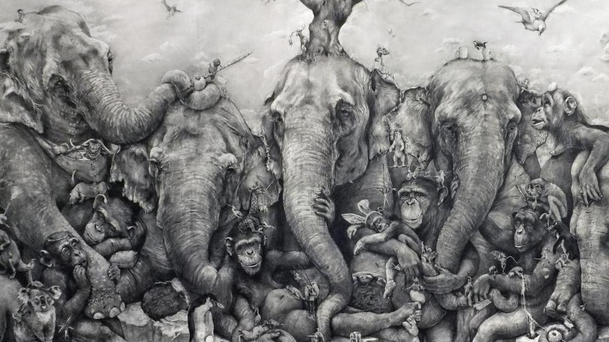 Detail of “Elephants” 2012, carbon pencil on paper, 8-feet by 36 feet, .