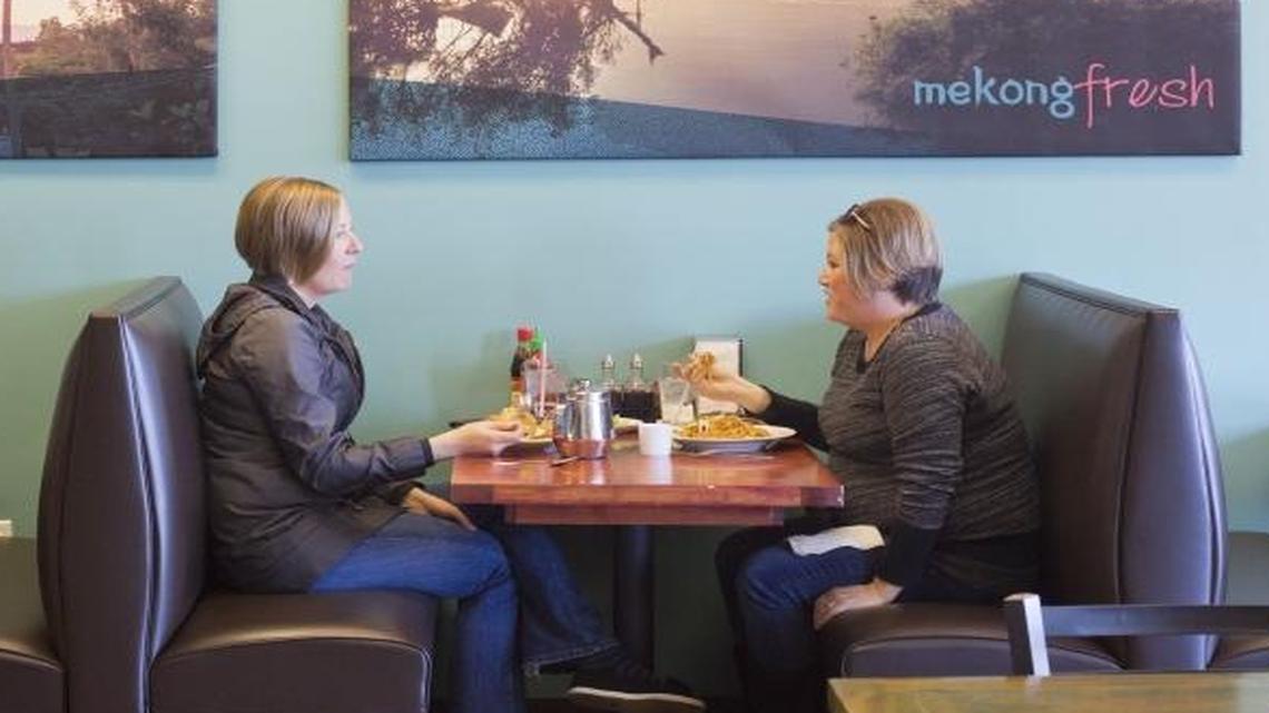 Megan Mason, right, and Hannah Lewis visit the newly opened Mekong Fresh in Meridian. “We like Thai food,” Lewis said. “Try something new. Support small businesses.”