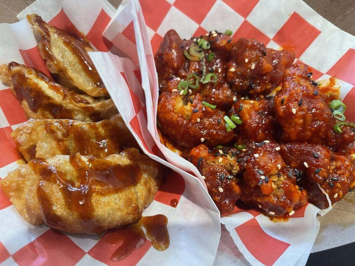 Fried dumplings and Korean fried chicken (which Seoul Street calls fried spicy K-chicken).