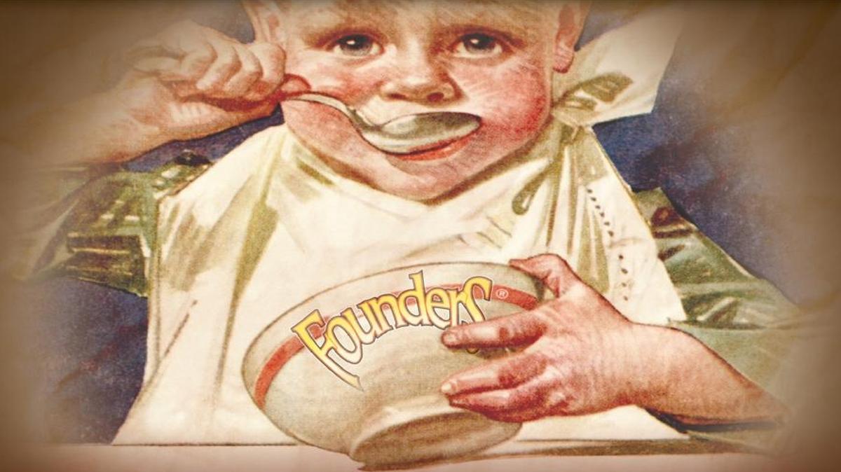 The Founders Breakfast Stout label — a bib-wearing baby hungrily gobbling up a bowl of oatmeal — is so wrong yet so right.