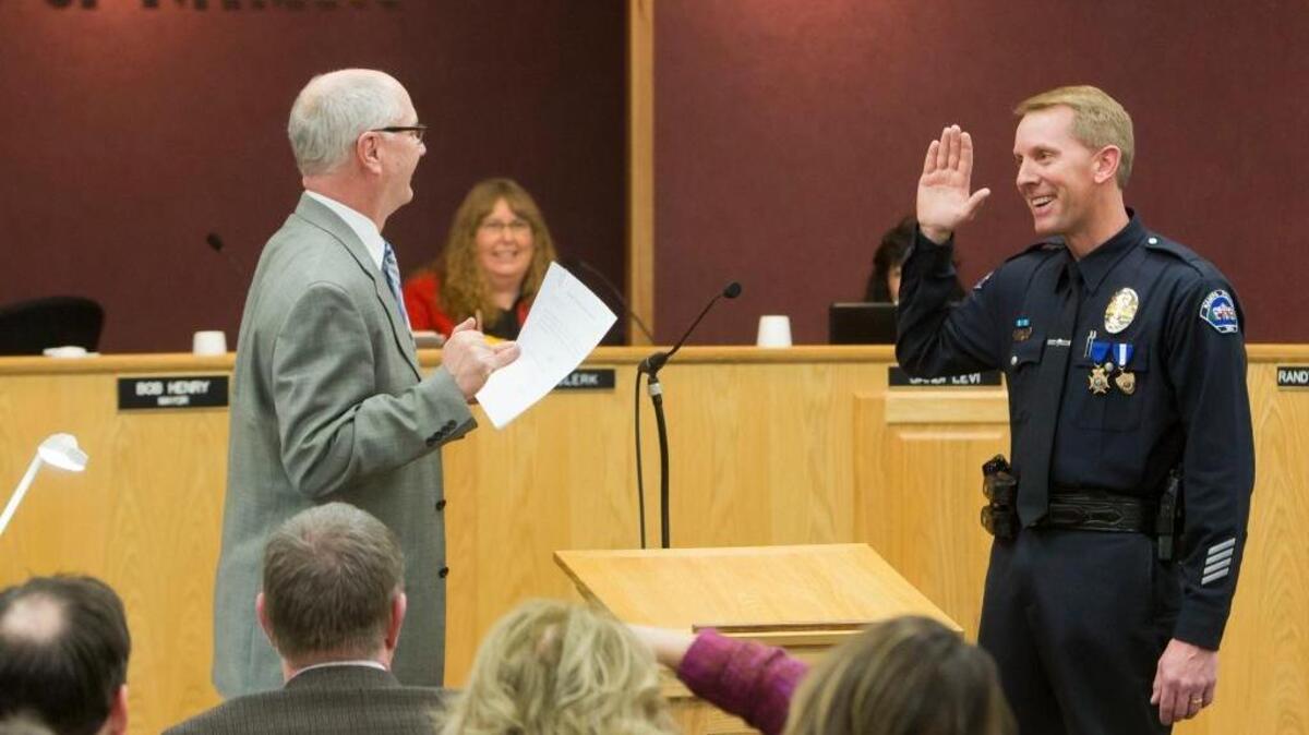 Nampa Police Chief Joe Huff is sworn in by former mayor Bob Henry, at Nampa City Hall in 2016. Huff is currently the highest paid employee on Nampa’s payroll.