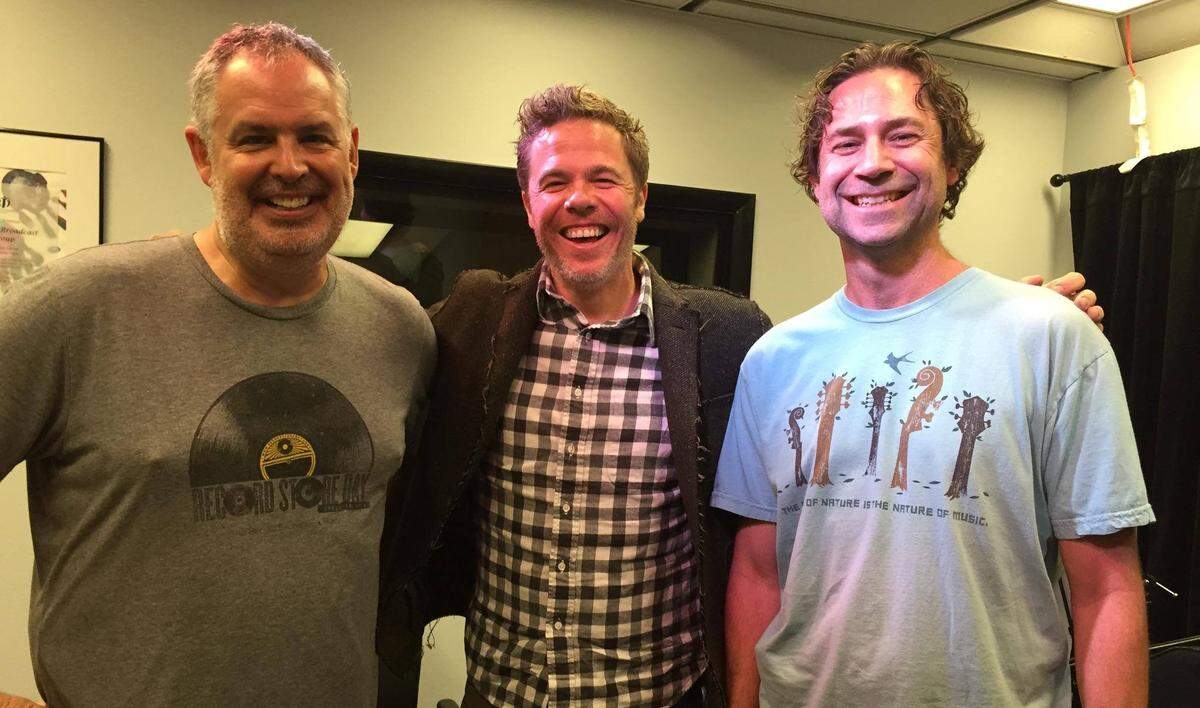 From left, Tim Johnstone, singer-songwriter Josh Ritter and Michael Deeds goofing off, radio station-style, circa 2015.