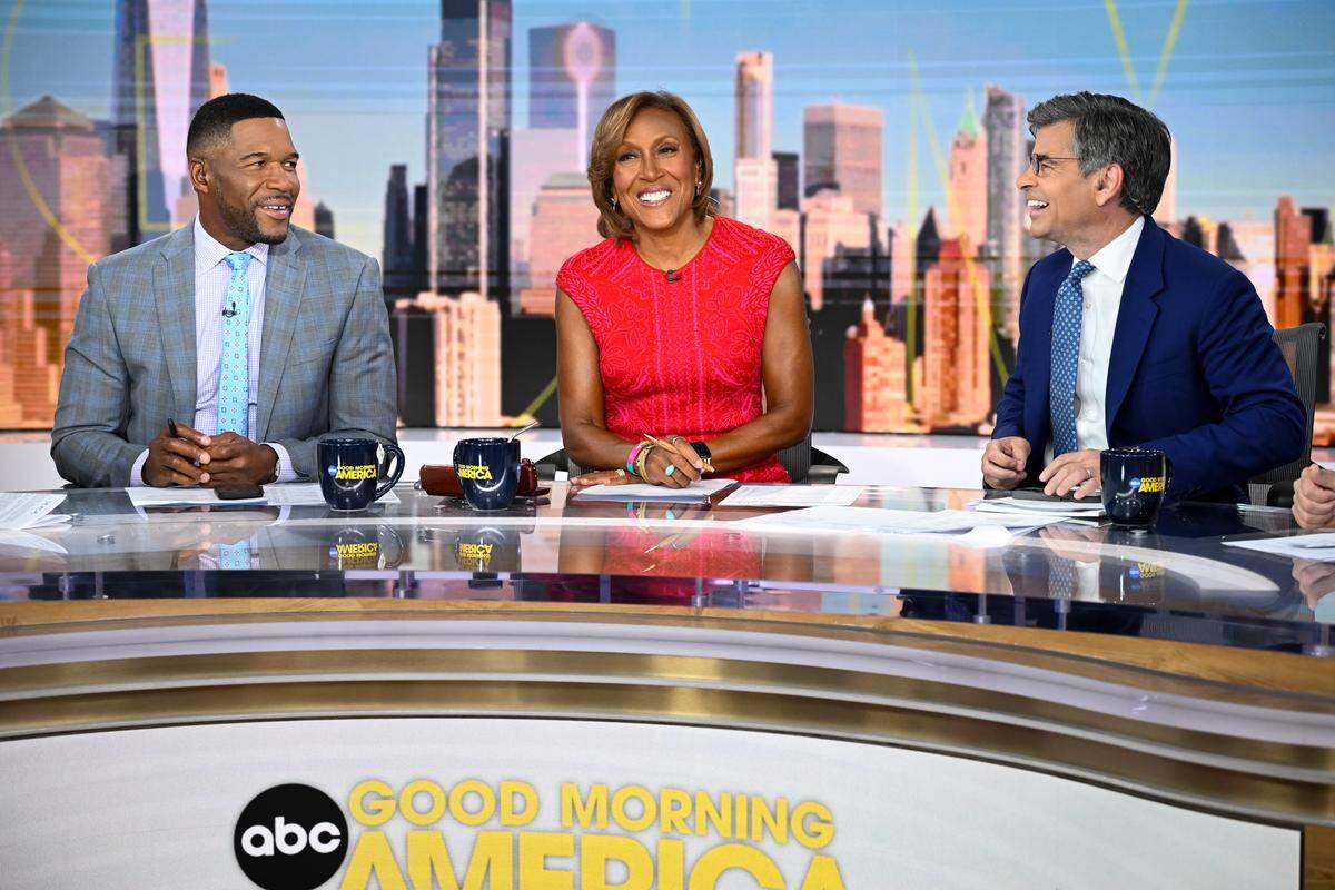 From left, Michael Strahan, Robin Roberts and George Stephanopoulos host “Good Morning America” weekdays.
