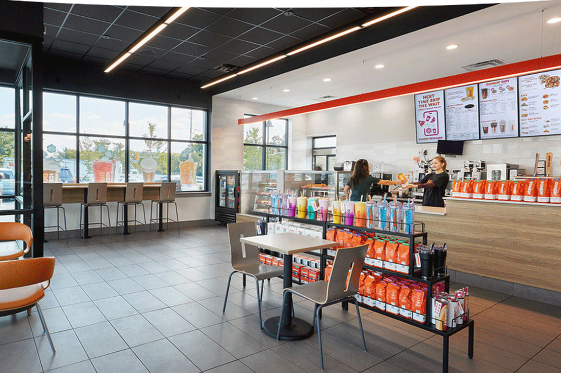 Dunkin’ specializes in coffee and other beverages, plus doughnuts, breakfast sandwiches and wraps.
