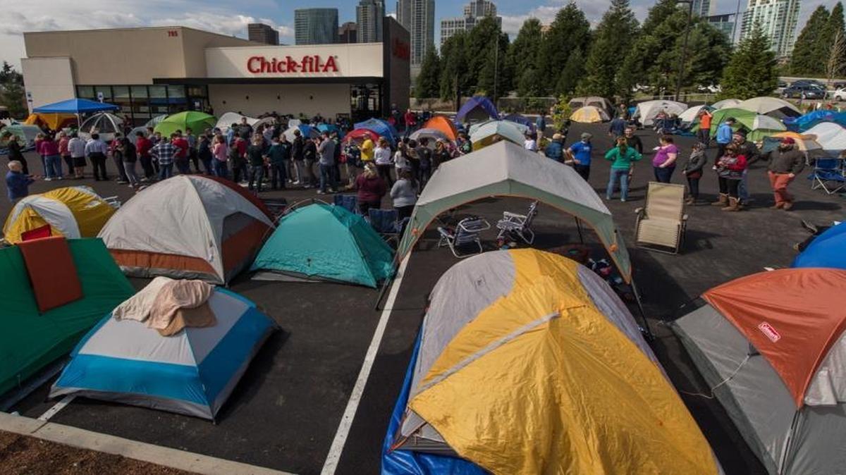 A First 100 Campout — where customers line up for free meals for a year — often accompanies the debut of a new Chick-fil-A restaurant.