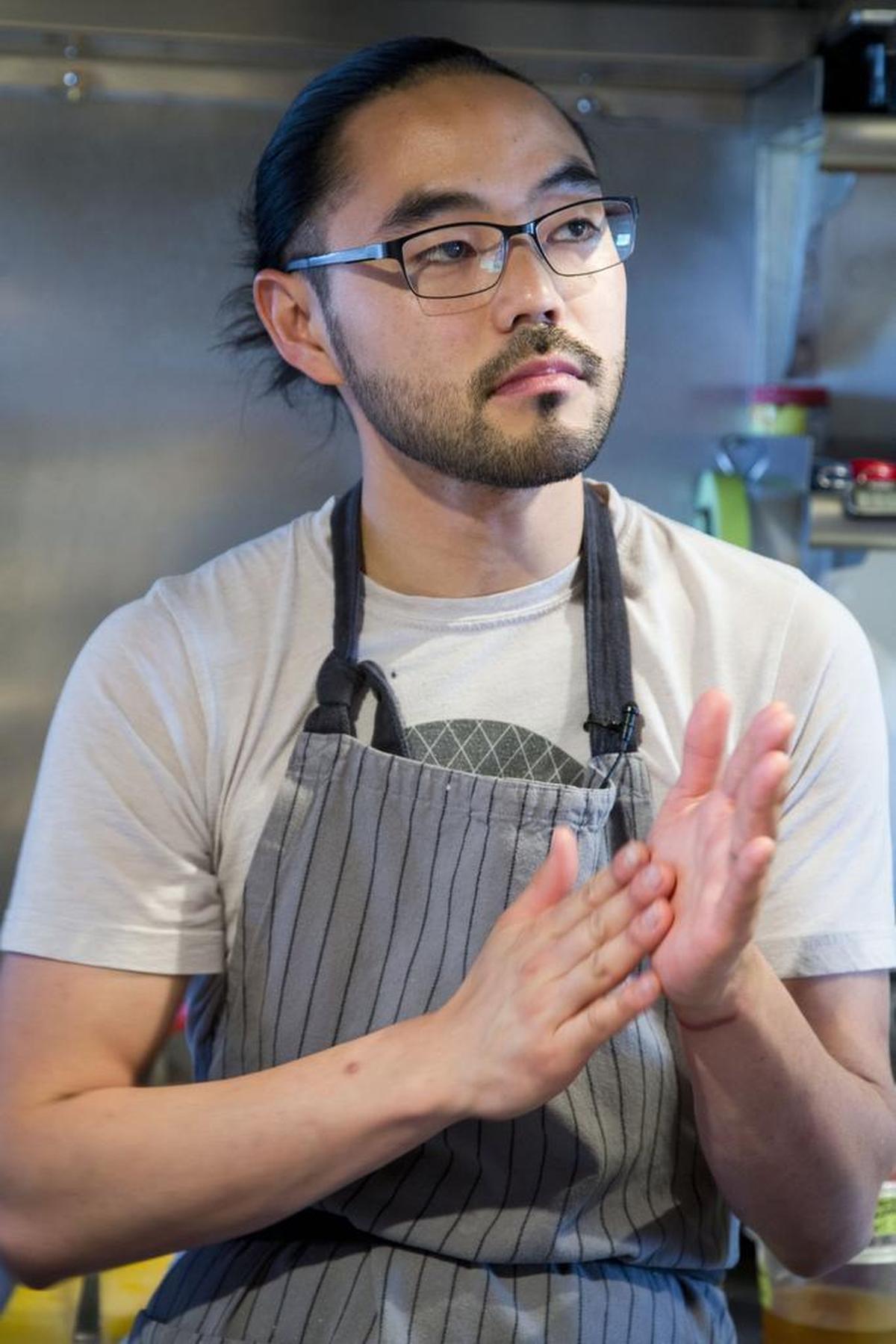 Chef Kris Komori in the kitchen at critically acclaimed State & Lemp restaurant in 2018.