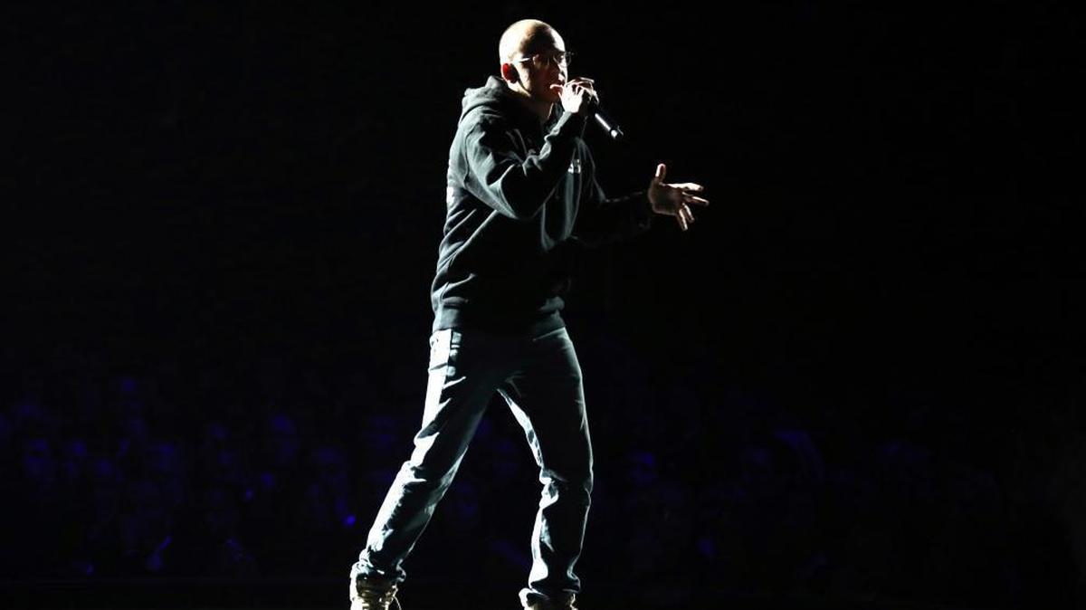 Logic performs “1-800-273-8255” at the 60th annual Grammy Awards at Madison Square Garden on Jan. 28, 2018, in New York.