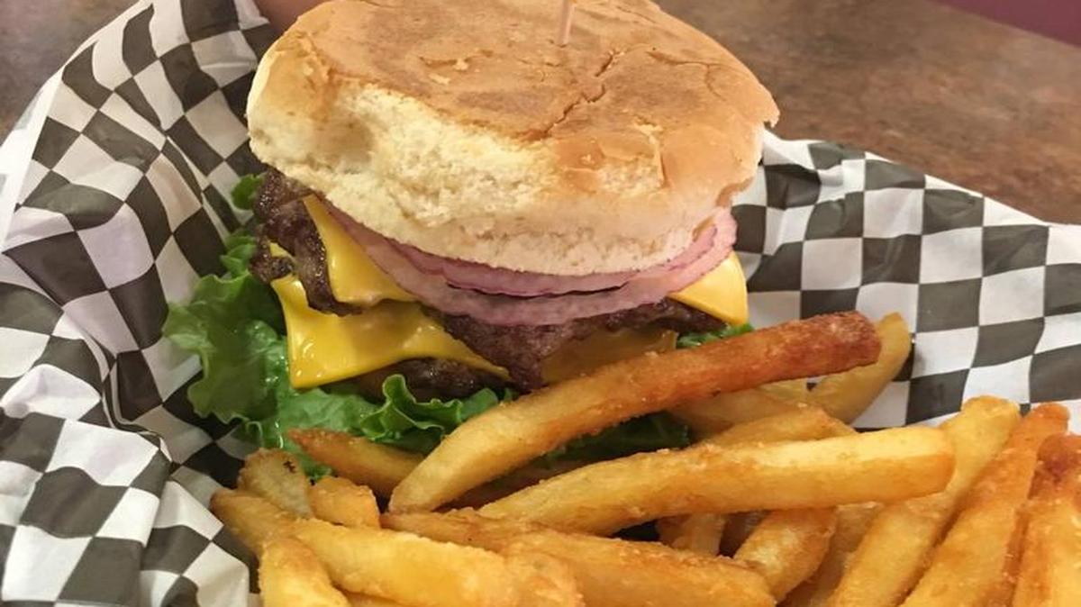 It’s not always about breakfast at the Sunrise Cafe. Grab a fat double cheese burger. (Mmm. Is that fry sauce back there?)