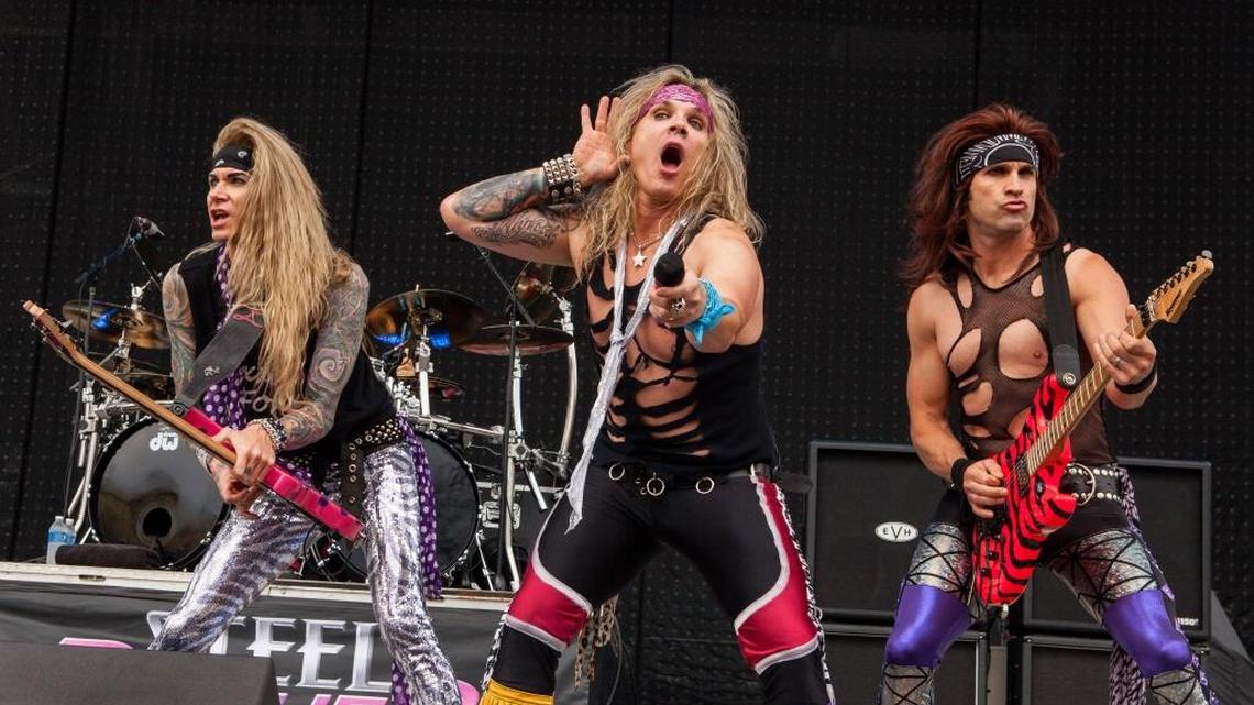 Steel Panther to roar: Bassist Lexxi Foxxx, singer Michael Starr, guitarist Satchel and drummer Stix Zadinia (not pictured) will headline Garden City’s Revolution Center on Saturday night.