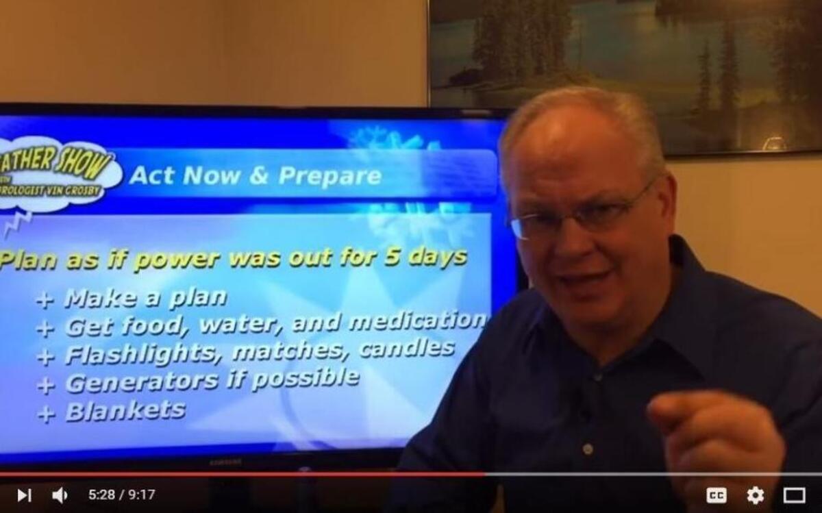 Warning of “extensive power outages,” former local TV weatherman Vin Crosby gave a forecast by candlelight. (Kidding! But seriously, dude, maybe upgrade to 100-watt bulbs?)