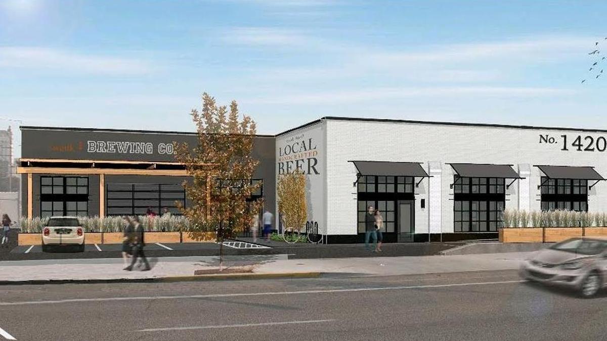 An architect’s rendering of plans for Hops & Bottles, slated to open by spring on 15th Street in the Linen District in Boise.