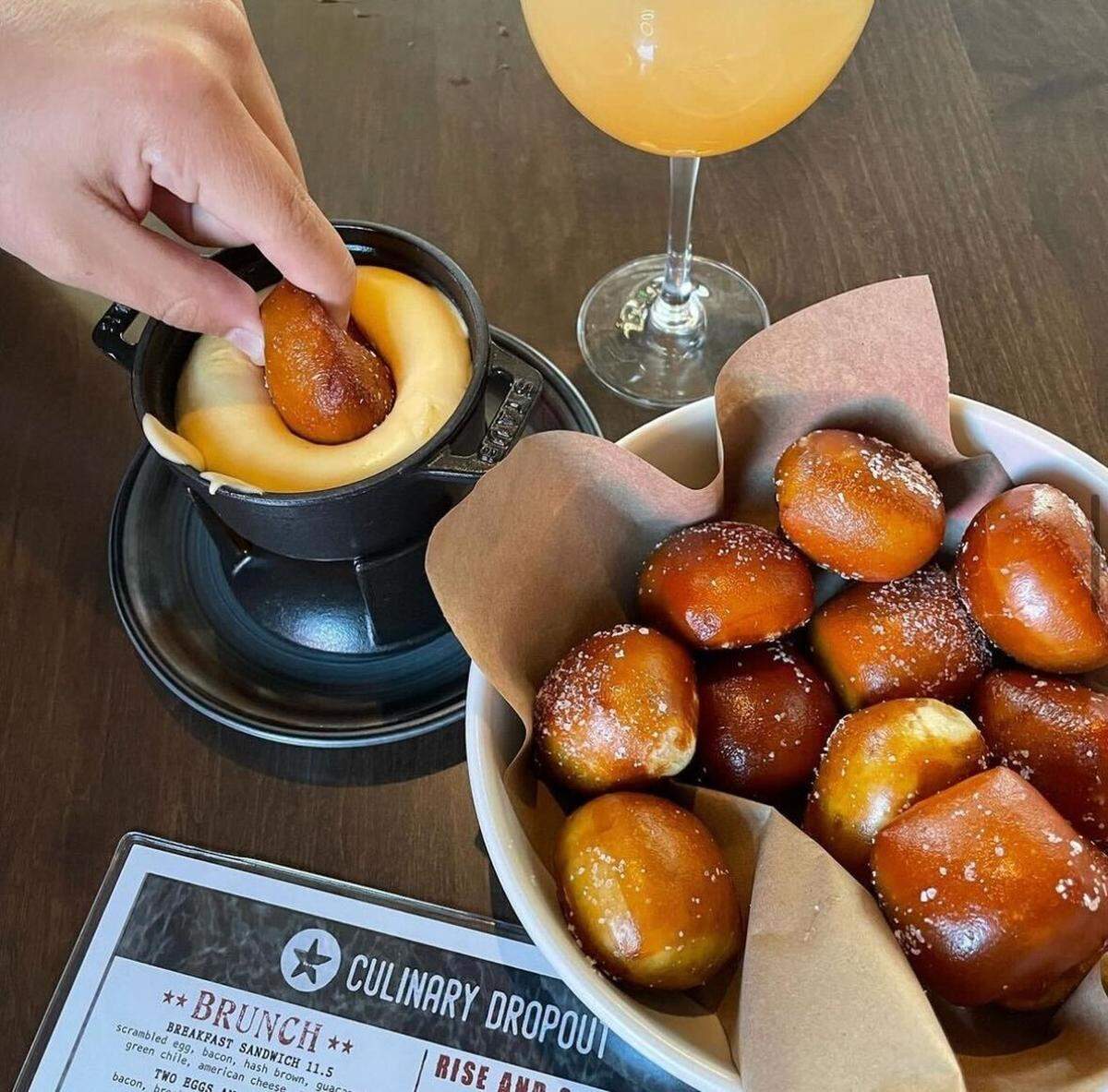 A popular starter is Soft Pretzels and Provolone Fondue ($17).
