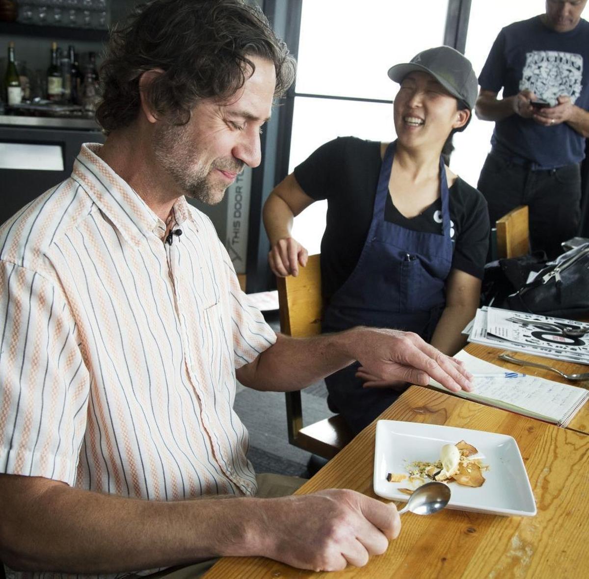 “What’s in here that I’m supposed to hate?” Michael Deeds asks. Michelle Kwak, pastry chef at State & Lemp, guides Deeds through the detested ingredients in her Mondae.