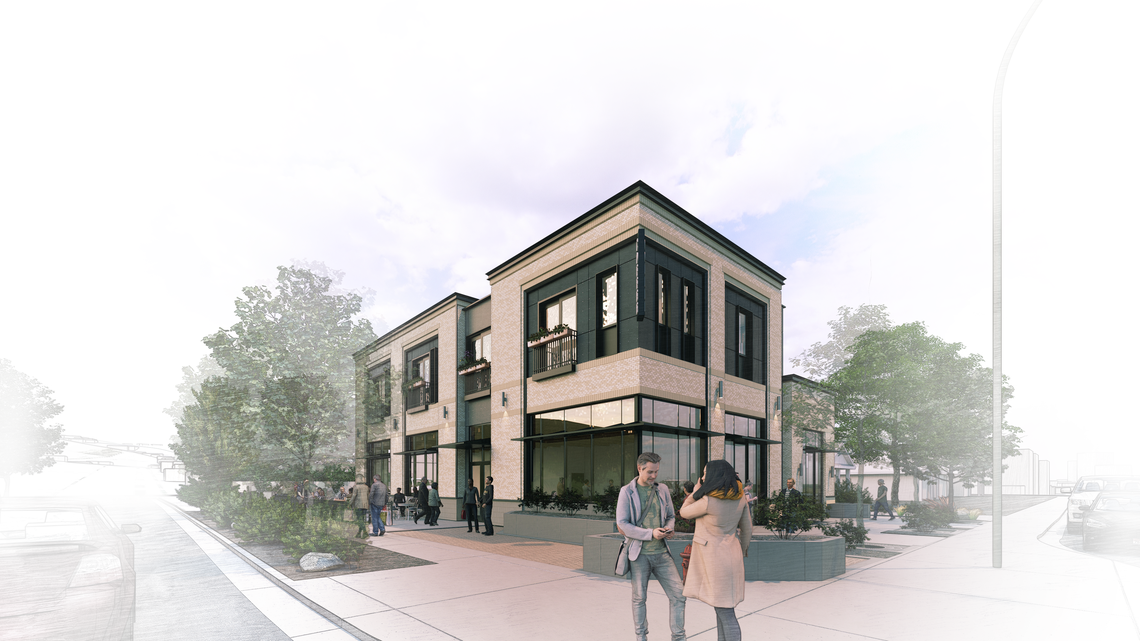 An architectural rendering of the mixed-use building, which is slated to be completed in November. In addition to restaurant and retail space at the ground level, it will include four dwelling units on the second floor.