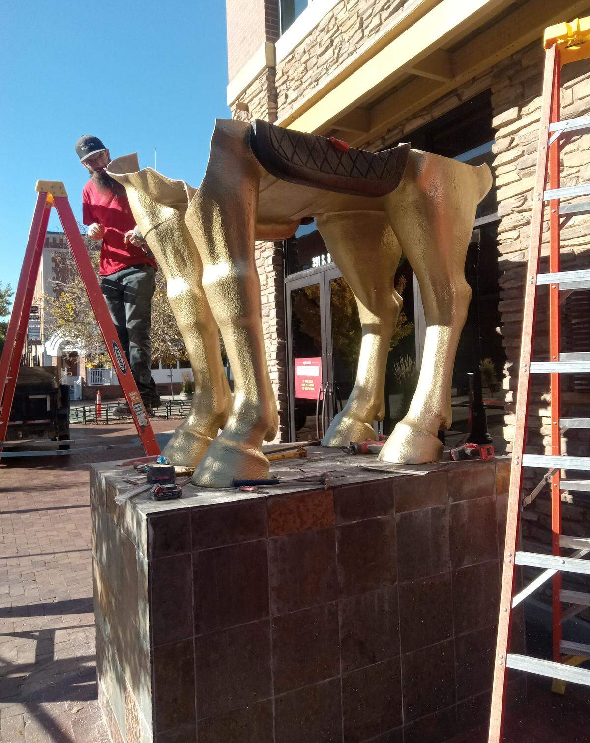 A demolition worker dismantles one of the horse statues outside P.F. Chang’s in downtown Boise.