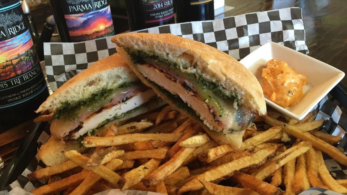 Chicken pesto sandwich with fresh-cut truffle fries at Parma Ridge Winery
