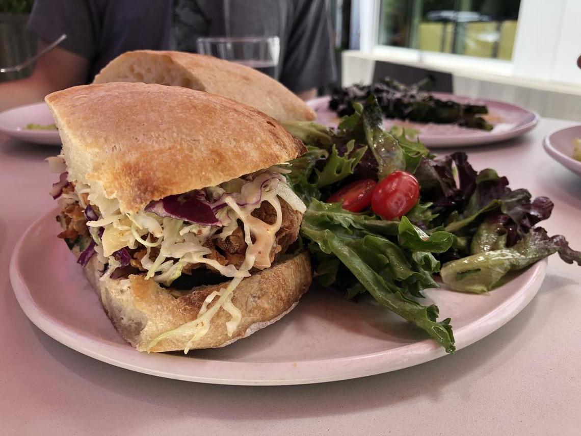 The Fried Chicken Sandwich with organic chicken breast, apple cider slaw and spicy honey aioli is tasty, but a bit too sweet.