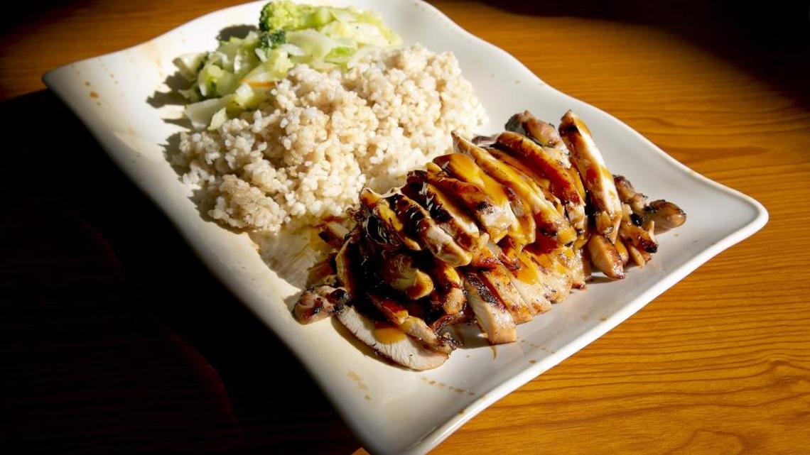 Chicken teriyaki with brown rice and vegetables.