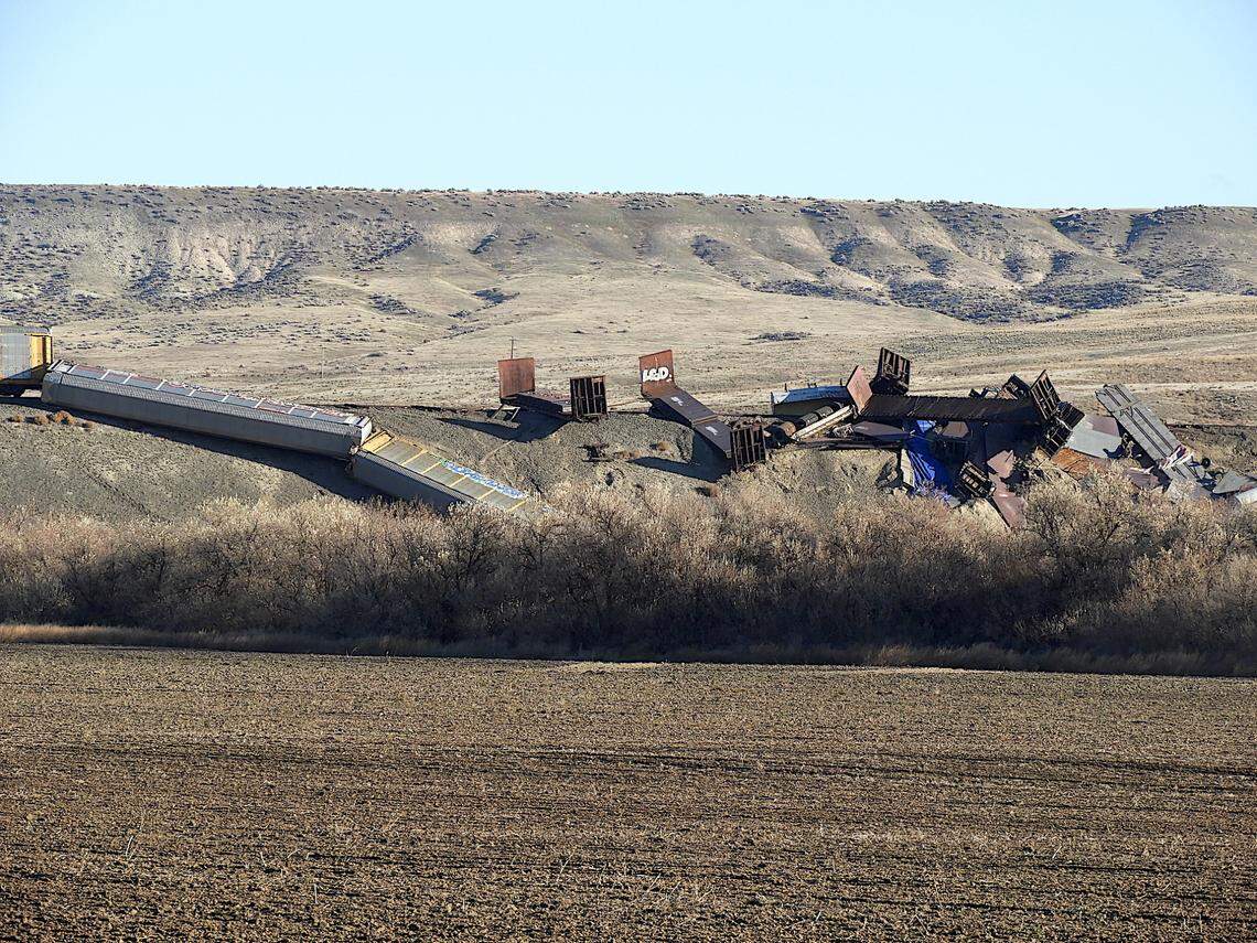 About 28 Union Pacific train cars derailed early Sunday near Hammett in Elmore County. There were no injuries, according to a Union Pacific spokesperson. It was a mixed commodity train.