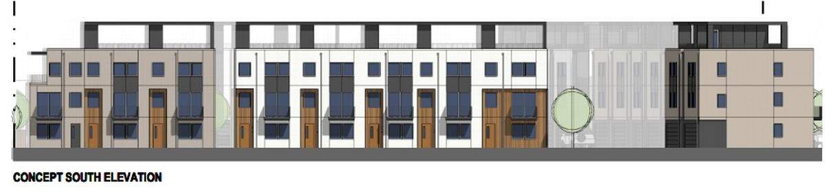 A rendering of townhouses proposed at 1709, 1711 and 1717 S. Federal Way as part of the Tallapoosa Subdivision.