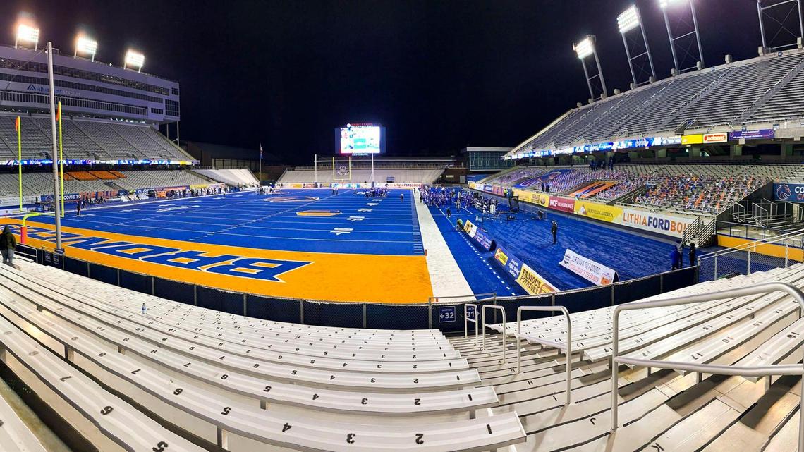 An empty Albertsons Stadium echoed with fake fan cheers as Boise State played Utah State on Oct. 24 for the Broncos’ season opener. COVID-19 pandemic restrictions prevented fans from attending the game in person.