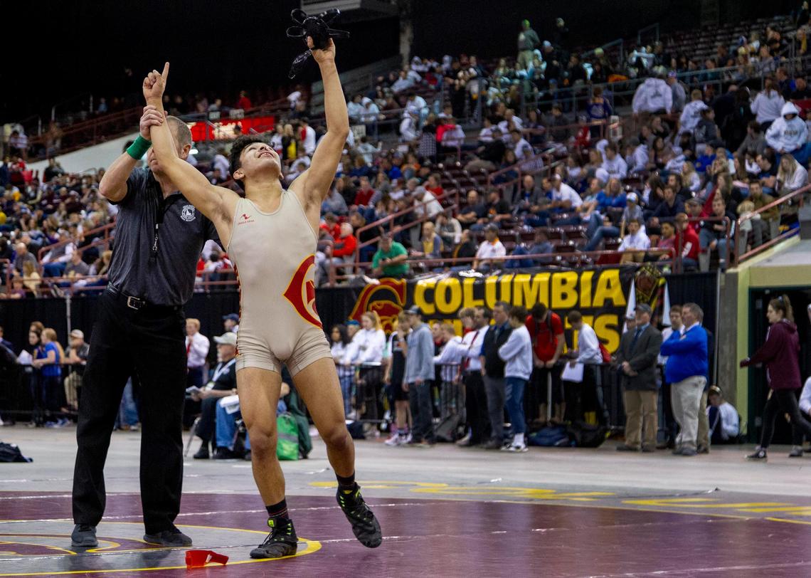 Columbia’s Angel Rios celebrates winning the 4A 152-pound state wrestling championship Saturday, Feb. 29, 2020 at Ford Idaho Center in Nampa.