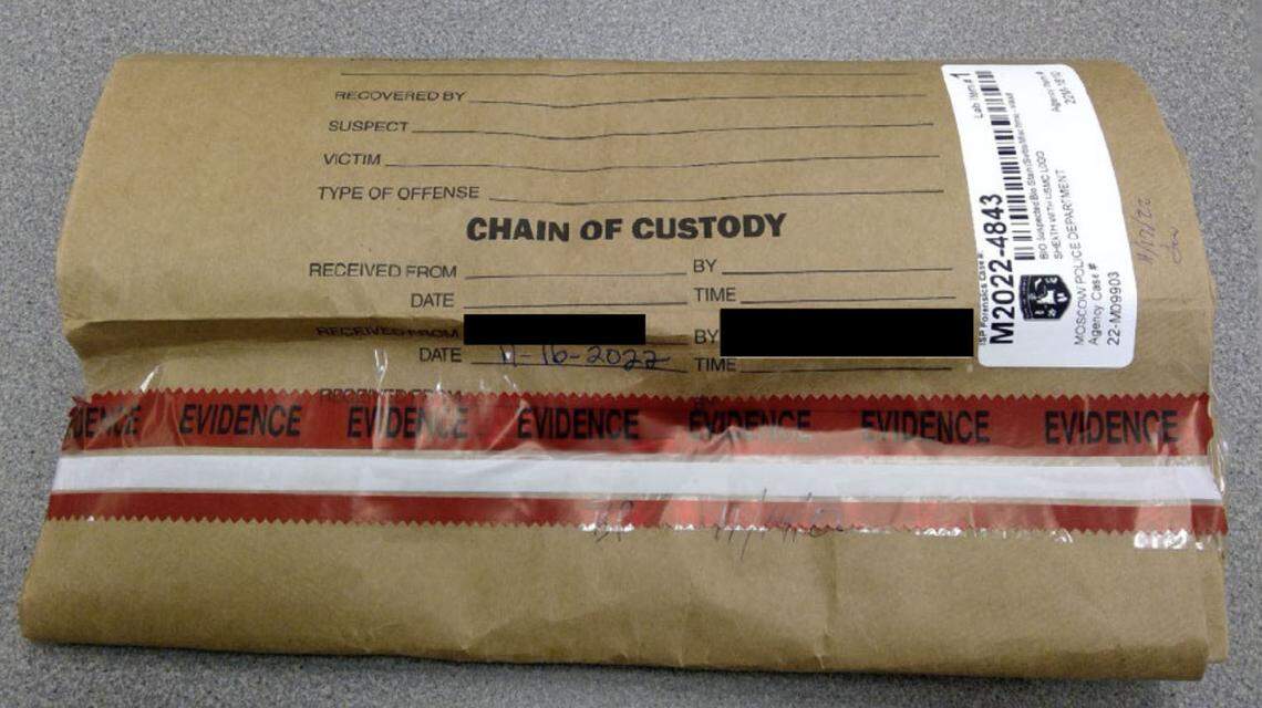 An evidence bag containing the knife sheath investigators found at the Moscow homicides crime scene in November 2022 was sent to the Idaho State Police crime lab in Meridian for forensic processing. Lab technicians located admitted killer Bryan Kohberger’s DNA on the sheath.