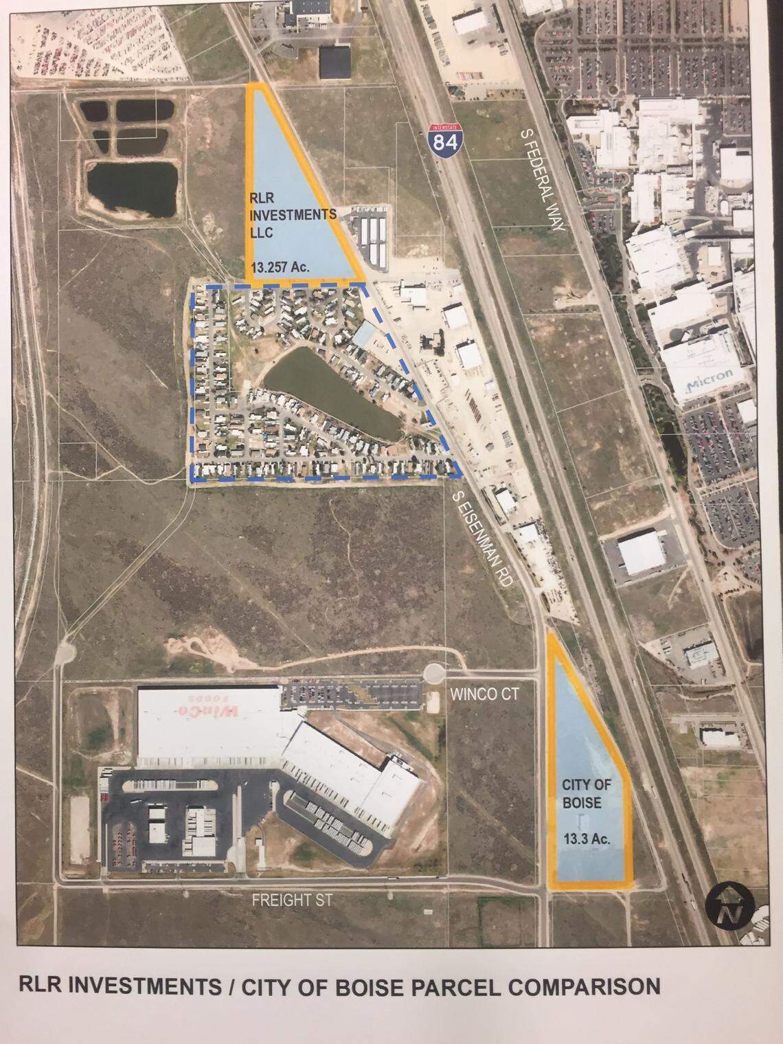 The land previously proposed for a trucking terminal is the triangular blue shape at the top of this map. Blue Valley Mobile Home Park and its pond are immediately south of it. The new proposed terminal site is the “City of Boise” land marked in blue at the bottom of the map.