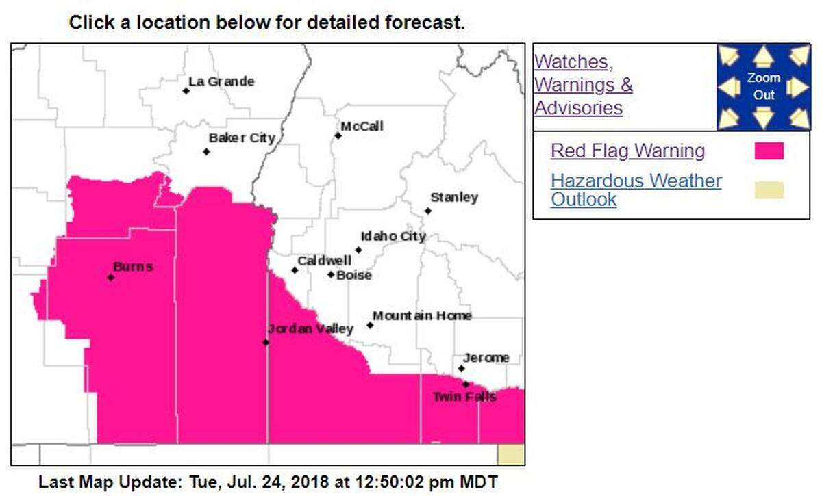 The National Weather Service has issued a red flag warning for much of southern Idaho.