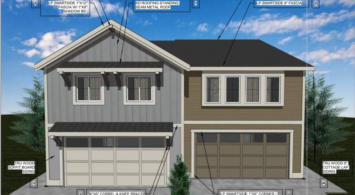 An architect’s rendering of a proposed duplex chalet for homeowners. The 44 duplexes would have front-loaded garages like these. The 18 three-plexes would have alley-loaded garages. All would have two stories.