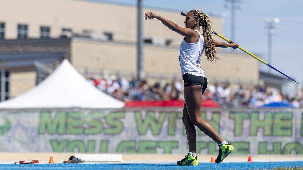Capital's Eden Francis competes in 6A girls javelin at the IHSAA 6A/5A Track and Field Championships, Friday, May 15, 2026 at Mountain View High School. Francis finished in first place with a throw of 125' 9”.