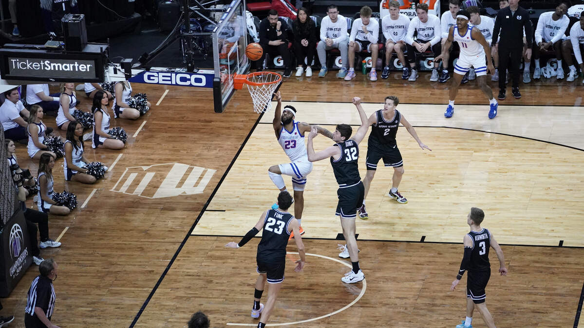 Naje Smith goes in for a layup in the first half of Boise State’s Mountain West Tournament semifinal against Utah State on Friday at the Thomas & Mack Center in Las Vegas.