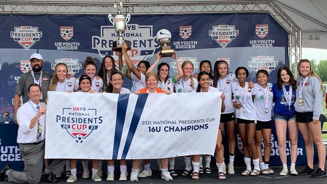 The Idaho Inferno U-16 girls soccer team celebrates its U.S. Presidents Cup national title last weekend in Des Moines, Iowa. It is the third team in Idaho history to win a Presidents Cup championship.