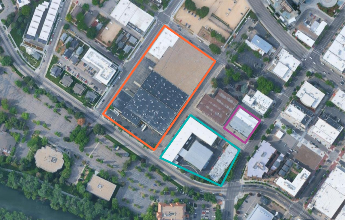 The Greater Boise Auditorium District scooped up three lots near River Street in 2026, outlined here in orange, teal and purple.
