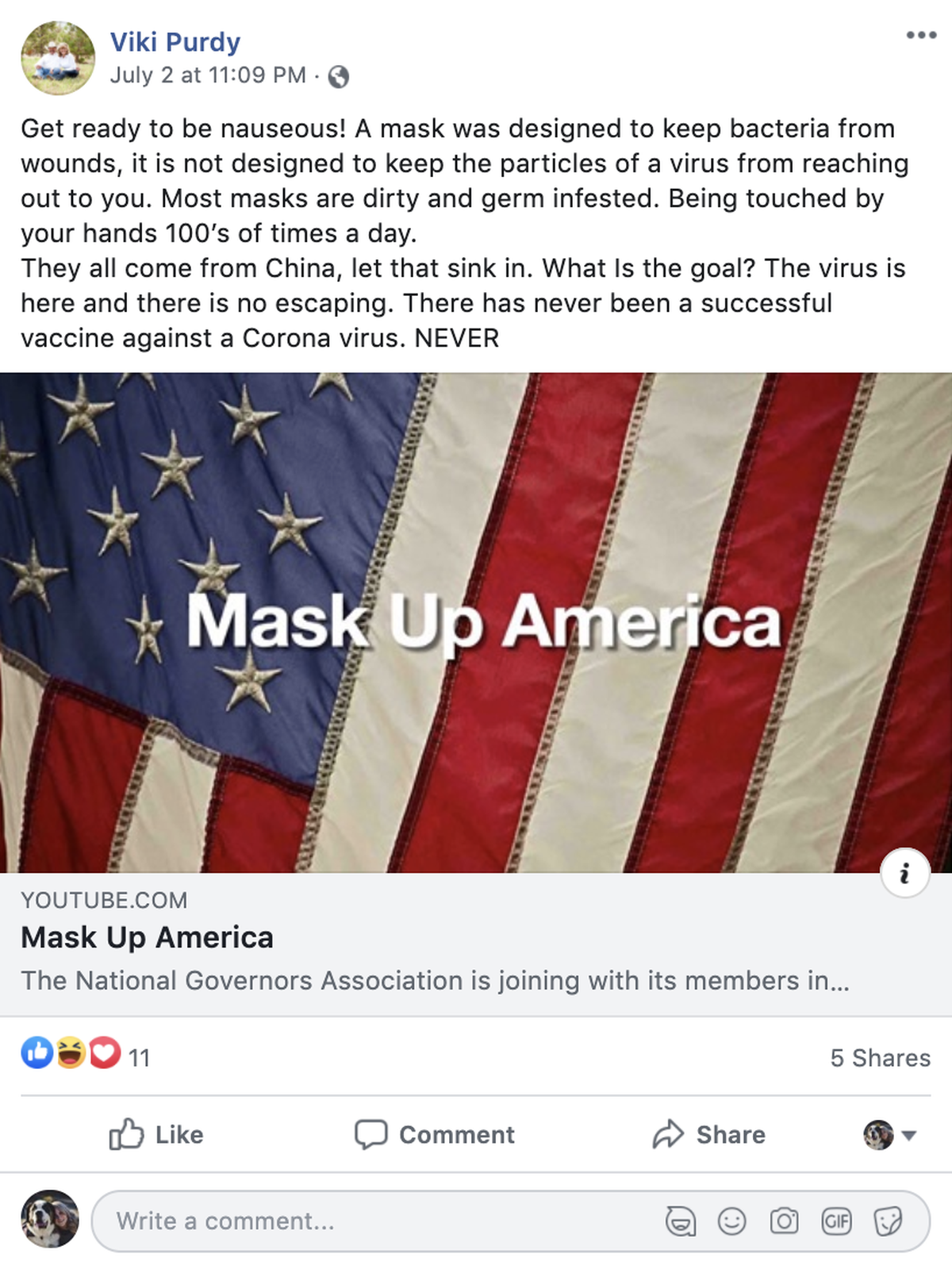 This July 2 public Facebook post made by Adams County commissioner Viki Purdy drew criticism online. Purdy, who has expressed disregard for medical advice on coronavirus, serves on the Southwest District Health board, which makes public health decisions for several Idaho counties.