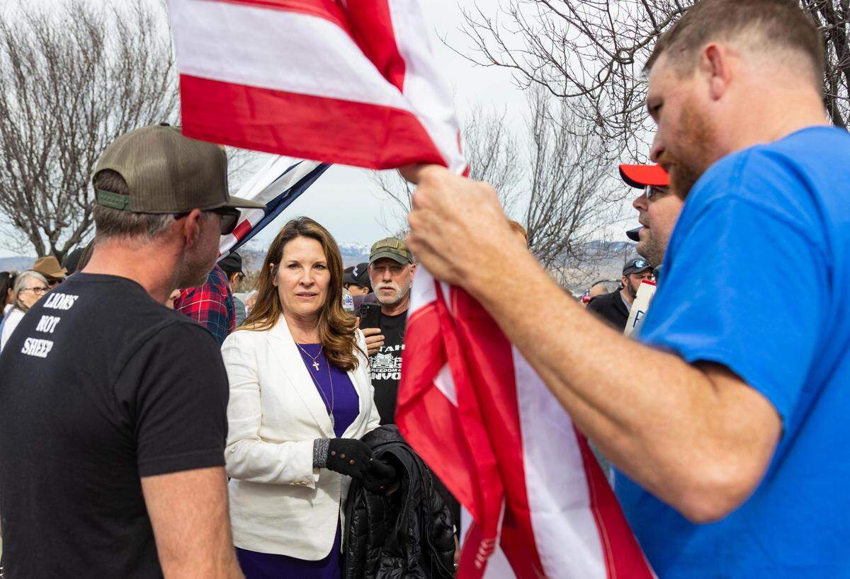 Lt. Gov. Janice McGeachin attends a rally to support semi-truckers and protest against COVID-19 vaccination mandates for employment held in Boise in March.