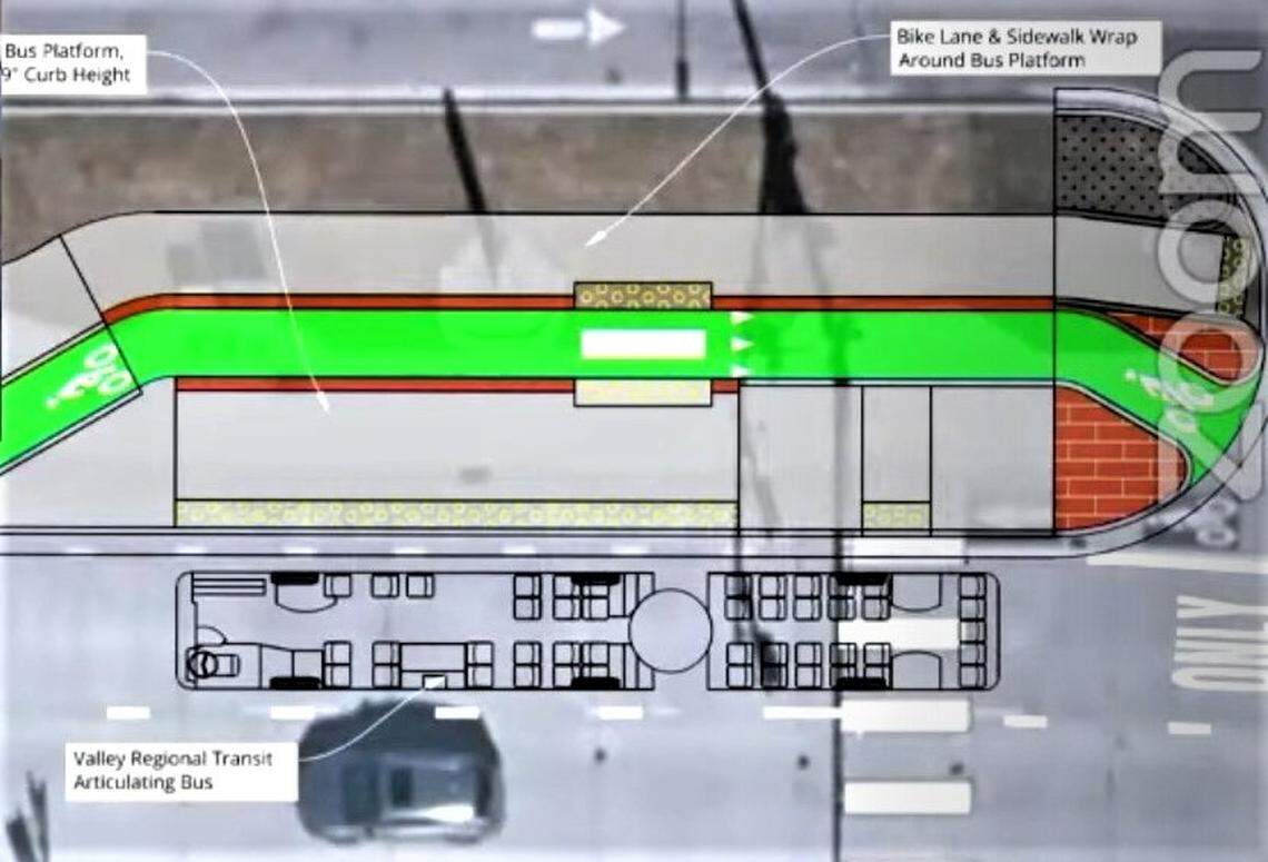 A view of how bikes could be routed around bus stops, potentially improving safety for cyclists. Valley Regional Transit