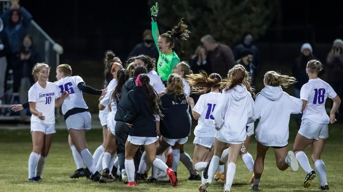 Rocky Mountain celebrates at the buzzer after defeating Boise 2-1 in the 5A girls soccer state championship Tuesday at Middleton High School.