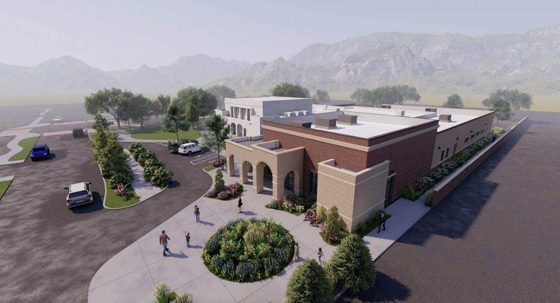 The proposed City Hall addition would add space for more offices and a new community center. Here, an artist’s rendering shows an aerial shot of the addition from the southeast corner of the property.