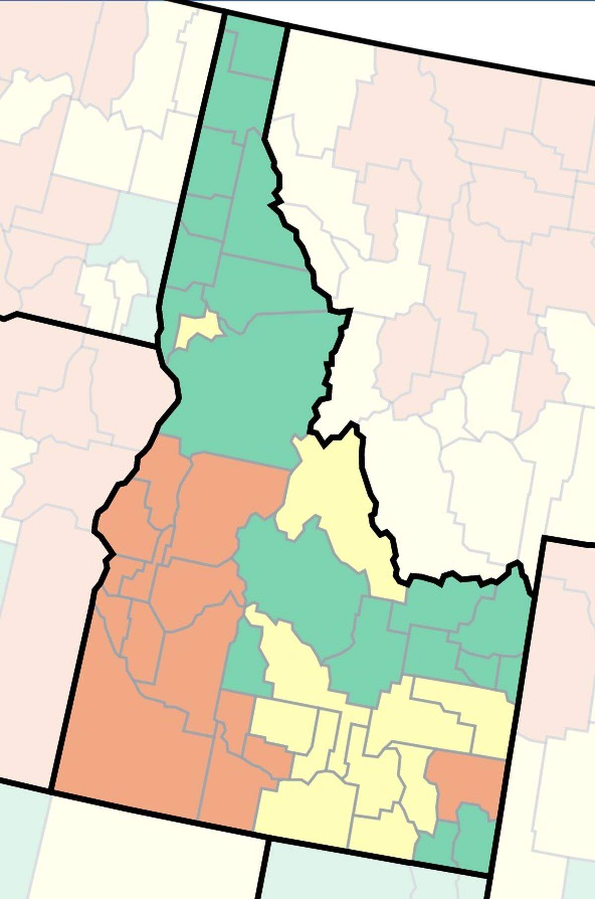 This U.S. Centers for Disease Control and Prevention map shows Idaho counties by COVID-19 community level. The orange (red) counties are considered high, the yellow are medium and the green are low.