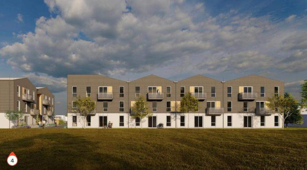 This rendering shows the proposed Veazey Park Apartments. This view looks north, just east of Broadway Avenue.