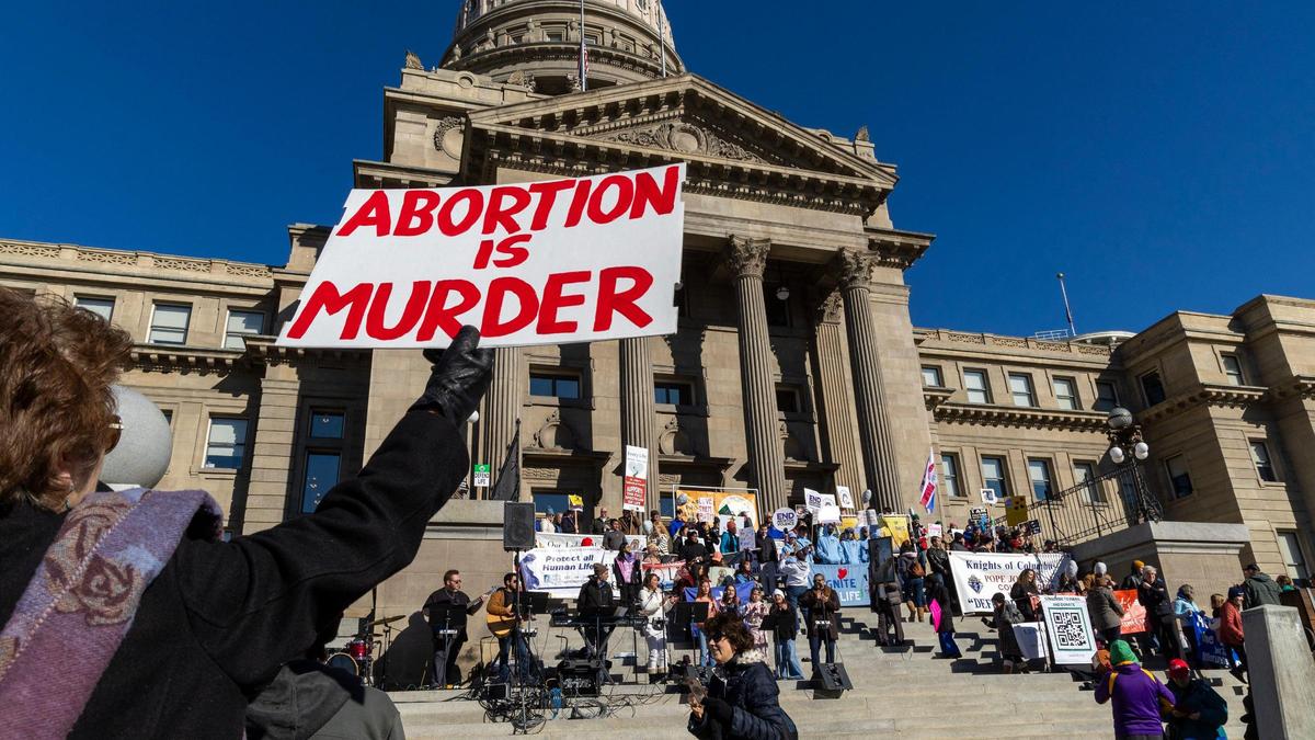 Hundreds of supporters take their anti-abortion message to the steps of the Idaho State Capitol Building during the March For Life event organized by Right To Life of Idaho, Saturday, Jan. 25, 2025.