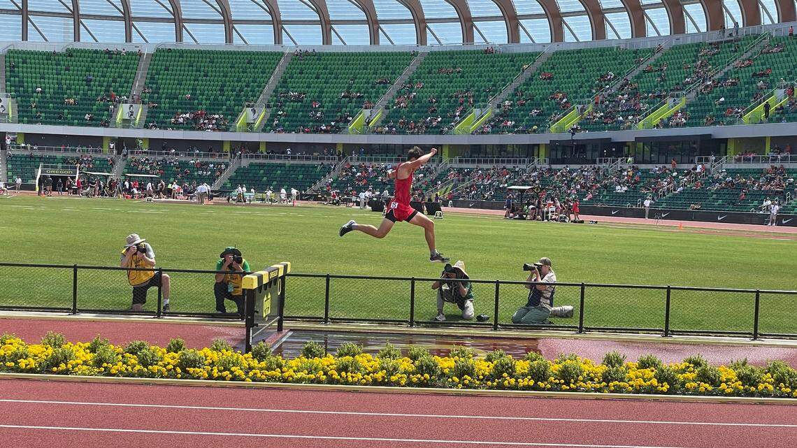 Boise High’s Noe Kemper won the boys 2,000-meter steeplechase at the 2023 Nike Outdoor Nationals at Hayward Field in Eugene, Oregon.