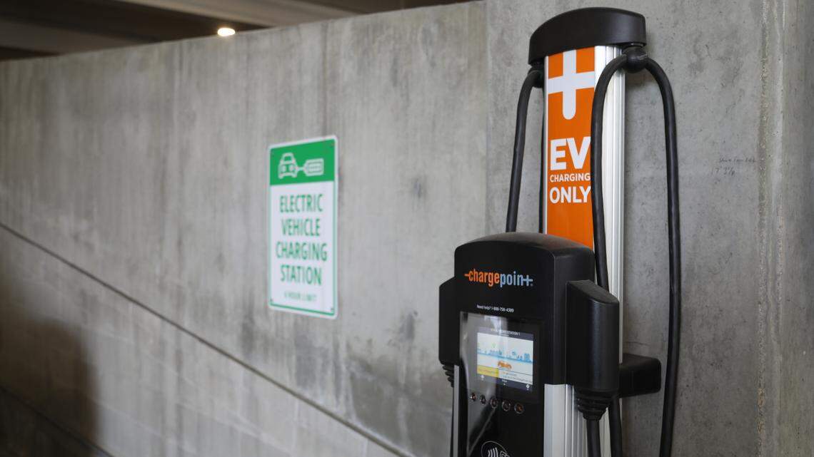 A Level 2 electric vehicle charging station from ChargePoint located inside the Home2Suites parking garage in Boise.