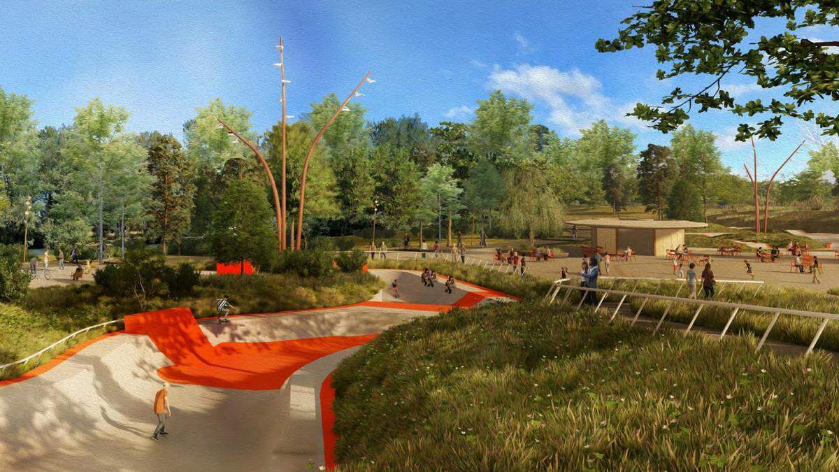 This rendering from an April 2023 presentation shows the proposed all-wheel sports area that would be integrated into the landscape.