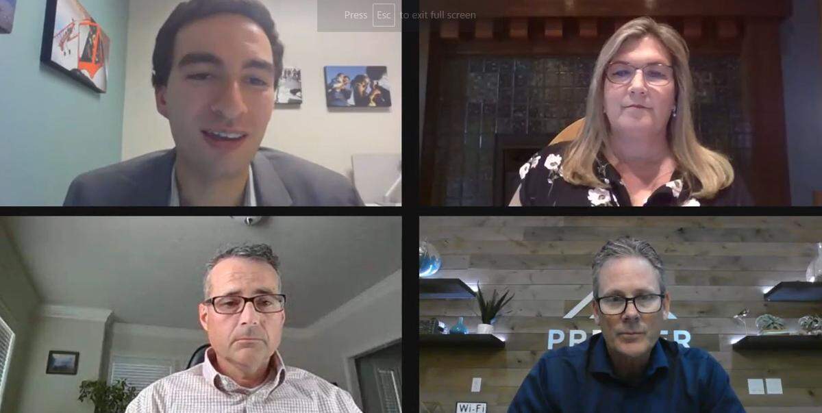 Boise development reporter Paul Schwedelson (top left) moderated a discussion with Cyndi Elliot (top right), real estate agent with Group One Sotheby’s International Realty and member of the Boise Regional Realtors’ Board of Directors, Caleb Hood (bottom left), City of Meridian planning division manager and Kevin Rice (bottom right), president of Idaho Mortgage Lenders Association, sales manager at Premiere Mortgage Resources.