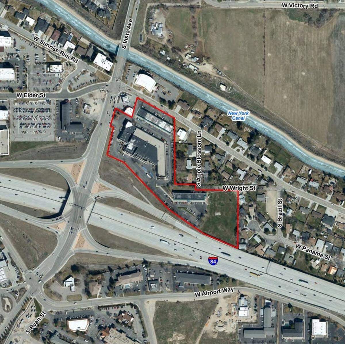 The hotels are just north of the Boise Airport, past the Interstate 84 interchange, as shown outlined in this satellite map. The airport is just out of frame on bottom left.