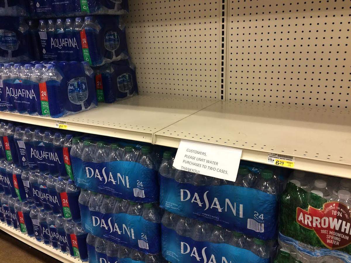 Supply-chain problems have led to empty spaces on supermarket shelves. Signs at Albertsons’ store at 16th and State streets in Boise in September asked customers to limit bottled-water purchases to two cases.