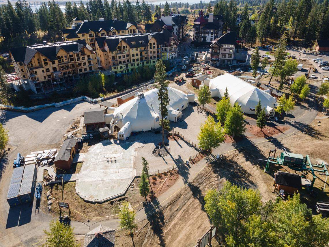 Aerial shot of Tamarack Resort near the western shore of Cascade Lake, southwest of Donnelly.